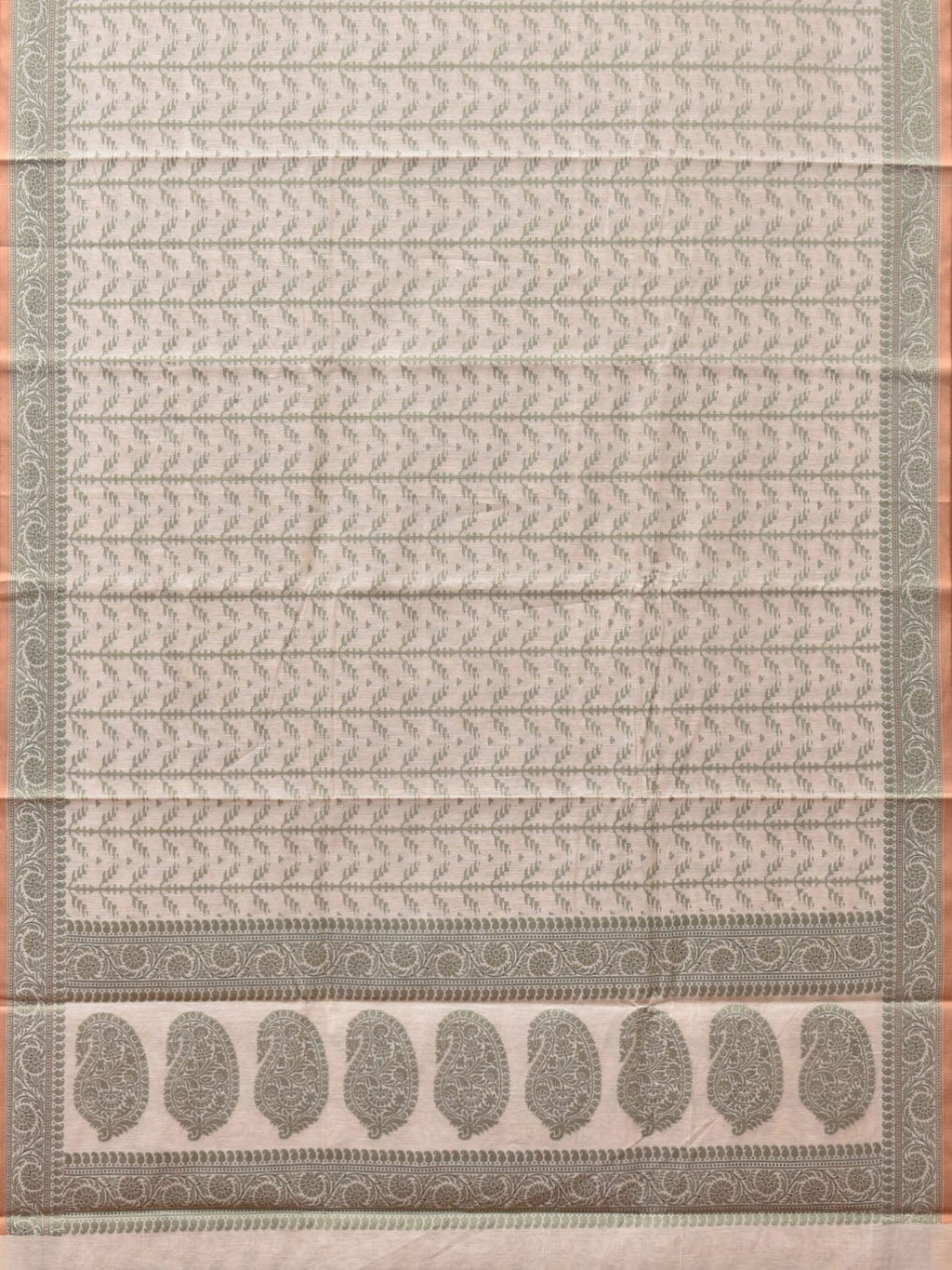 Cream and Light Green Cut Work Sico Cotton Saree with All Over and Border Design - Global Threads