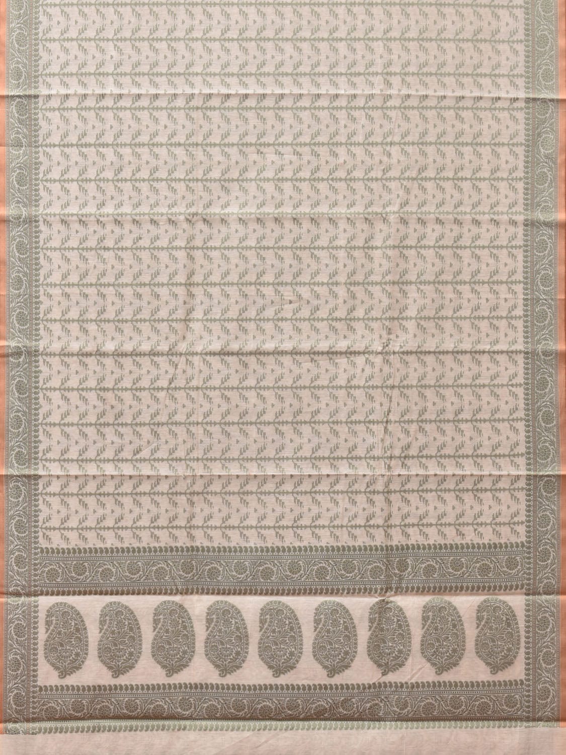 Cream and Light Green Cut Work Sico Cotton Saree with All Over and Border Design - Global Threads