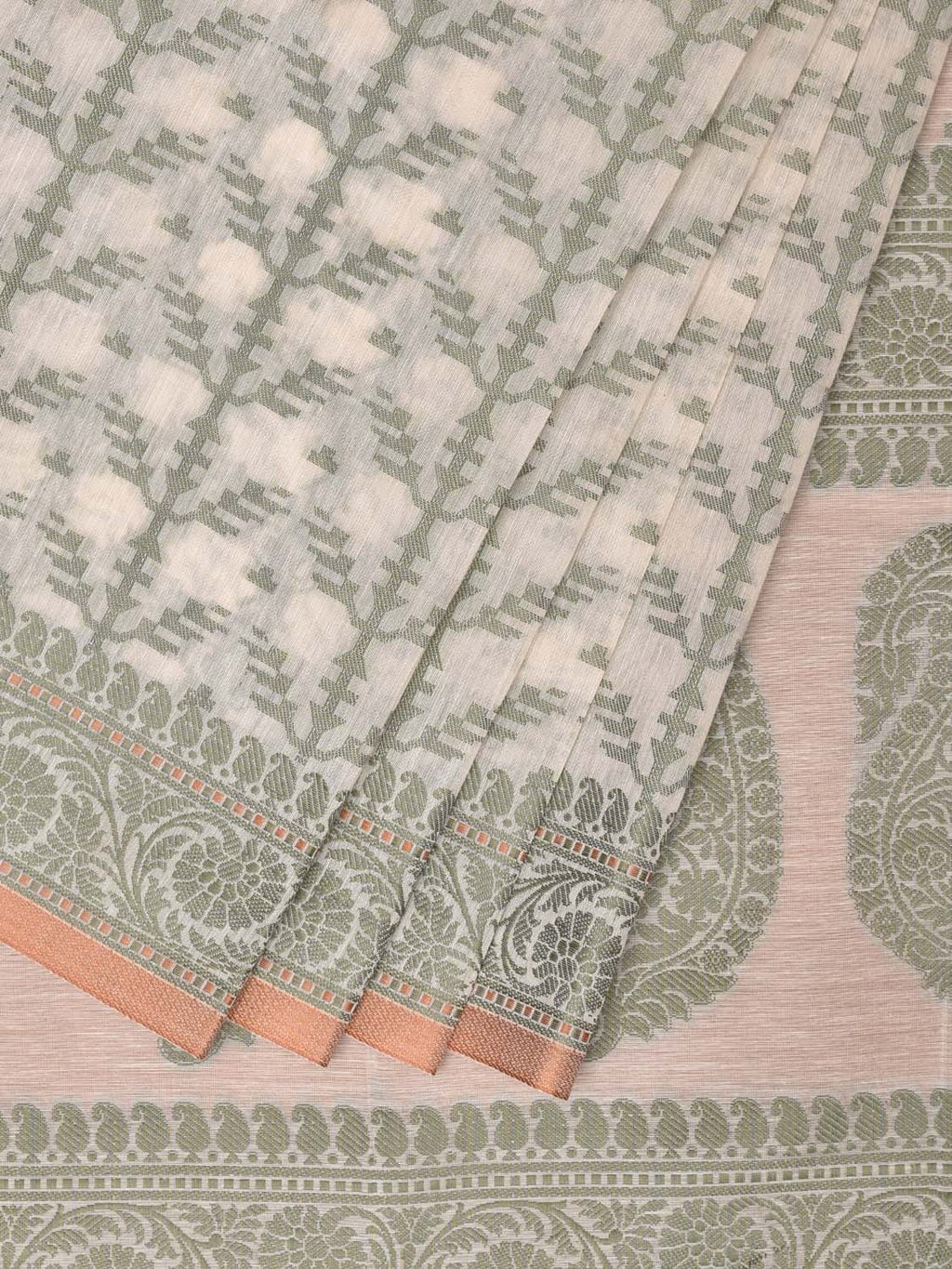 Cream and Light Green Cut Work Sico Cotton Saree with All Over and Border Design - Global Threads