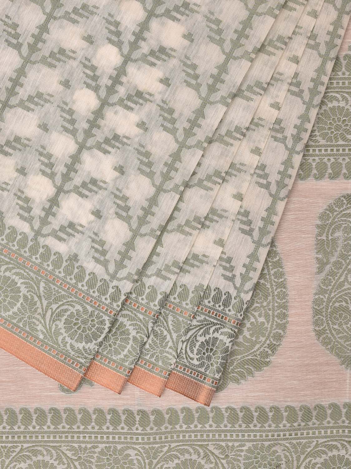 Cream and Light Green Cut Work Sico Cotton Saree with All Over and Border Design - Global Threads