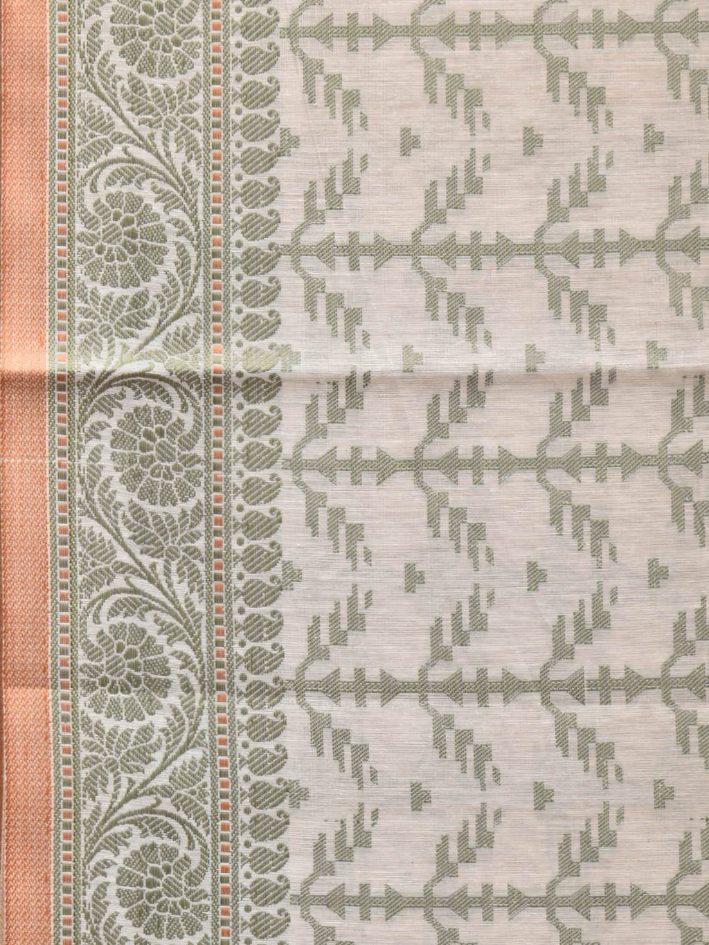 Cream and Light Green Cut Work Sico Cotton Saree with All Over and Border Design - Global Threads