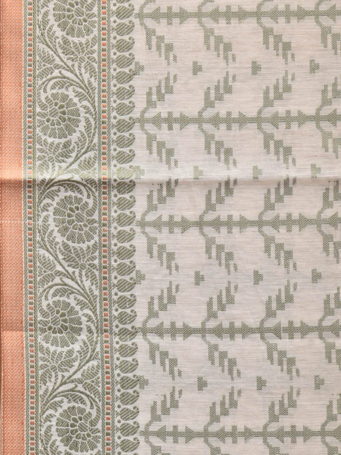 Cream and Light Green Cut Work Sico Cotton Saree with All Over and Border Design - Global Threads