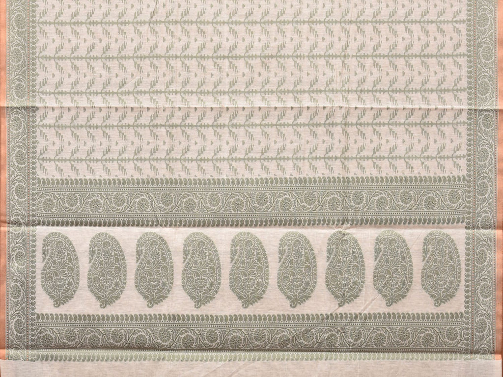 Cream and Light Green Cut Work Sico Cotton Saree with All Over and Border Design - Global Threads