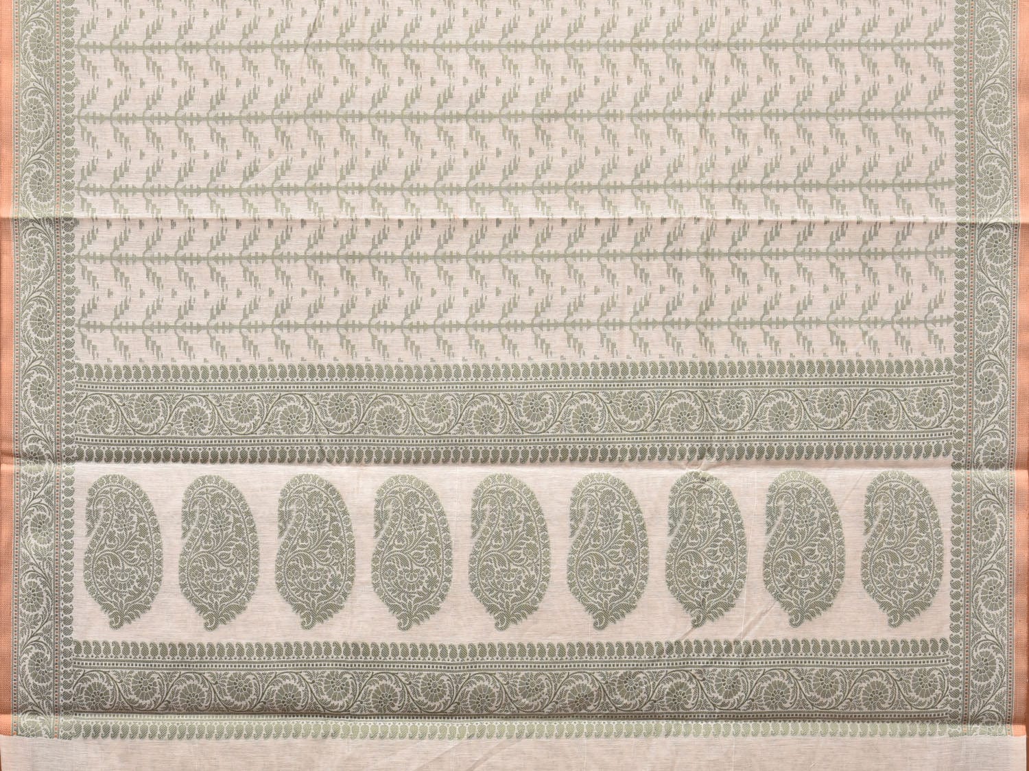 Cream and Light Green Cut Work Sico Cotton Saree with All Over and Border Design - Global Threads
