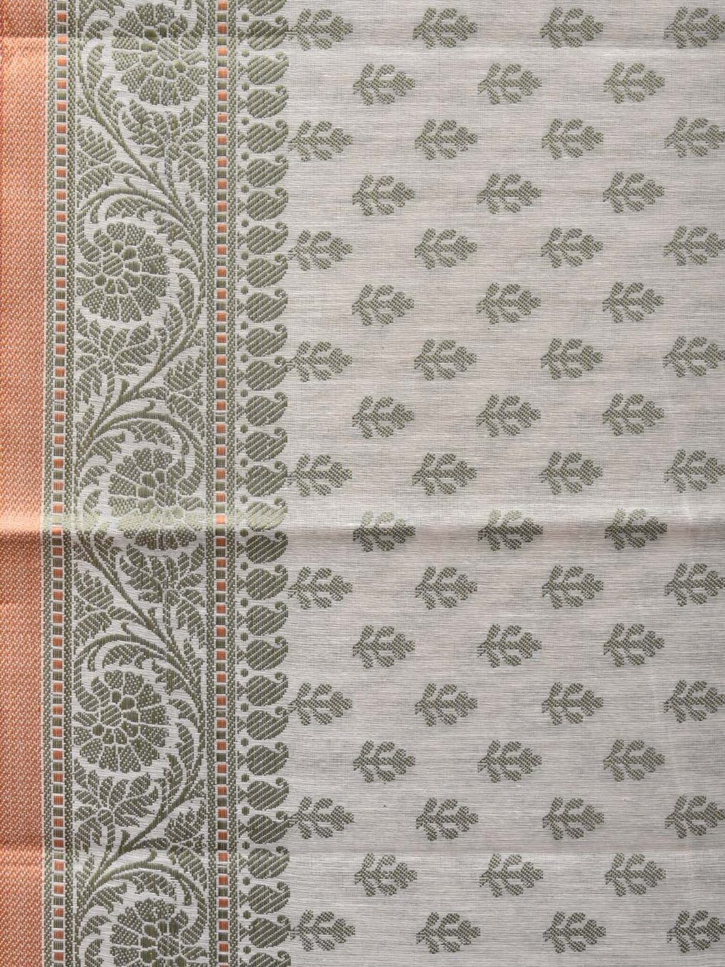 Cream and Light Green Cut Work Sico Cotton Saree with All Over and Border Design - Global Threads