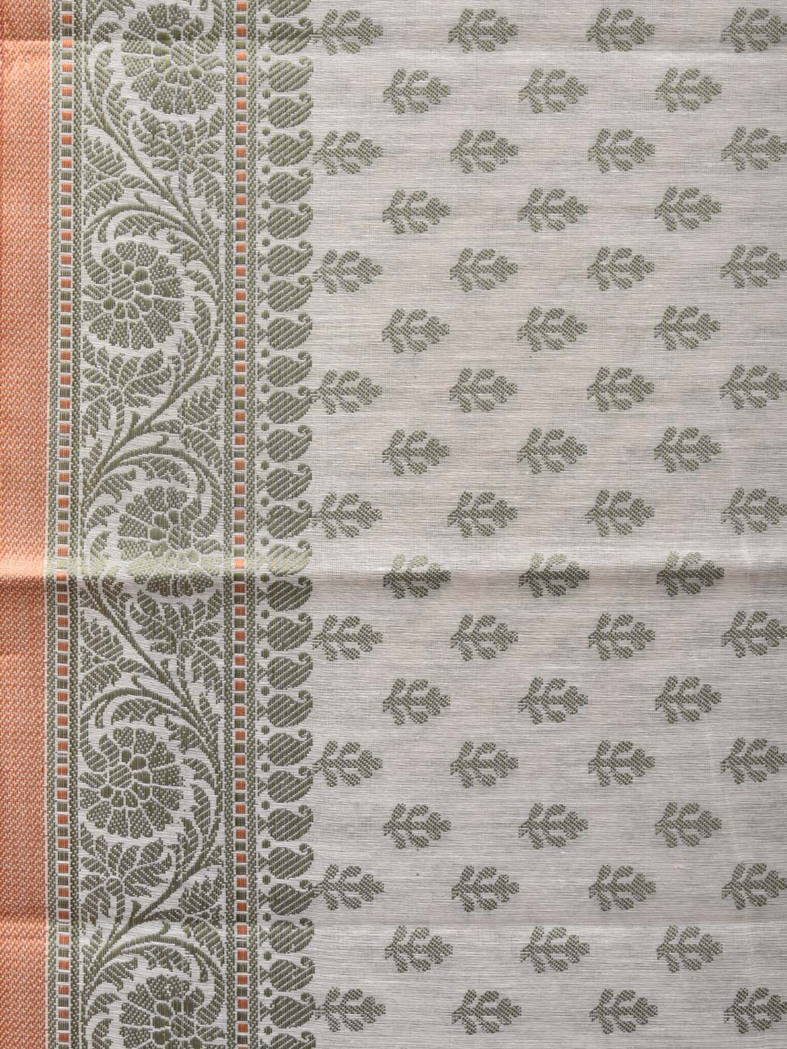Cream and Light Green Cut Work Sico Cotton Saree with All Over and Border Design - Global Threads