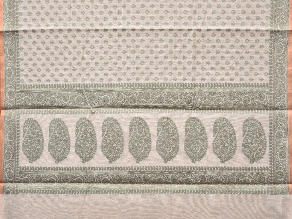 Cream and Light Green Cut Work Sico Cotton Saree with All Over and Border Design - Global Threads