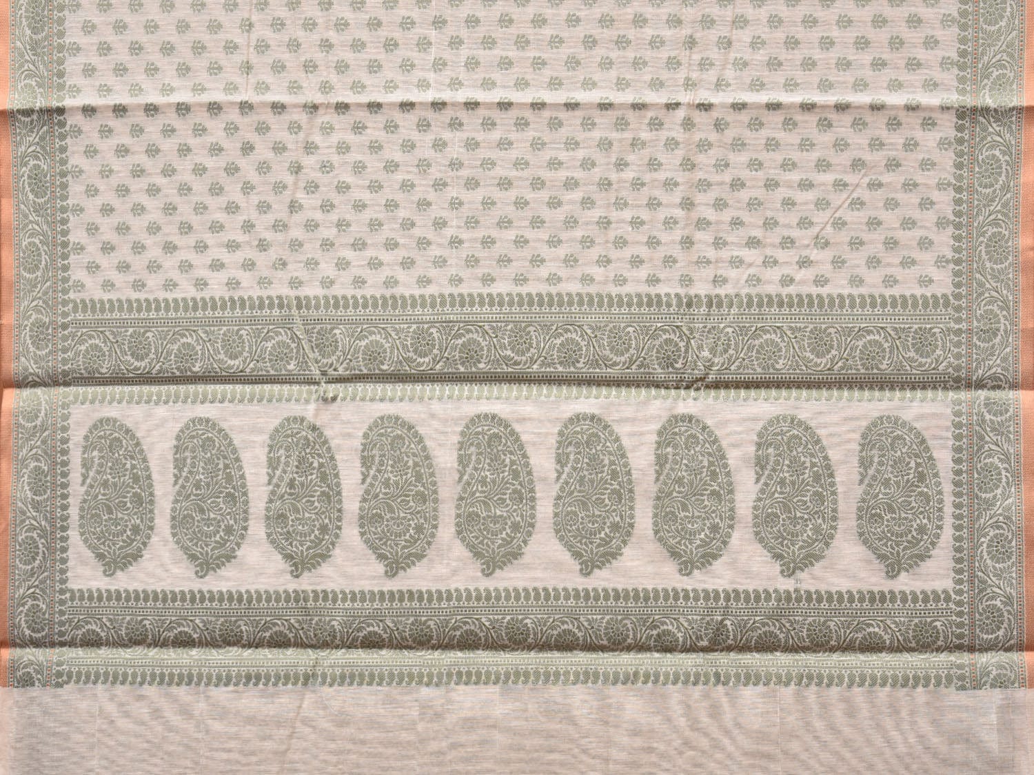 Cream and Light Green Cut Work Sico Cotton Saree with All Over and Border Design - Global Threads