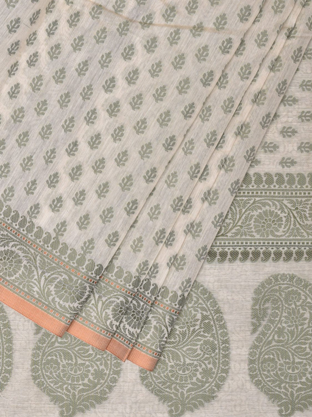 Cream and Light Green Cut Work Sico Cotton Saree with All Over and Border Design - Global Threads