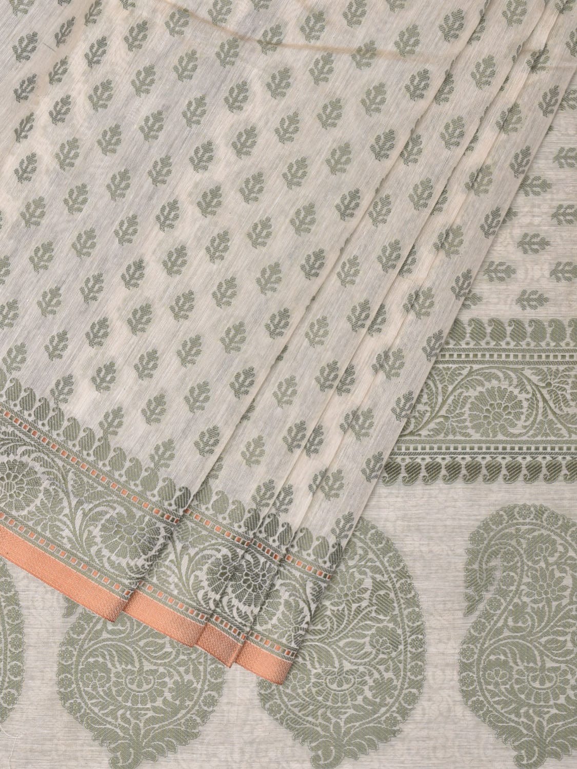 Cream and Light Green Cut Work Sico Cotton Saree with All Over and Border Design - Global Threads