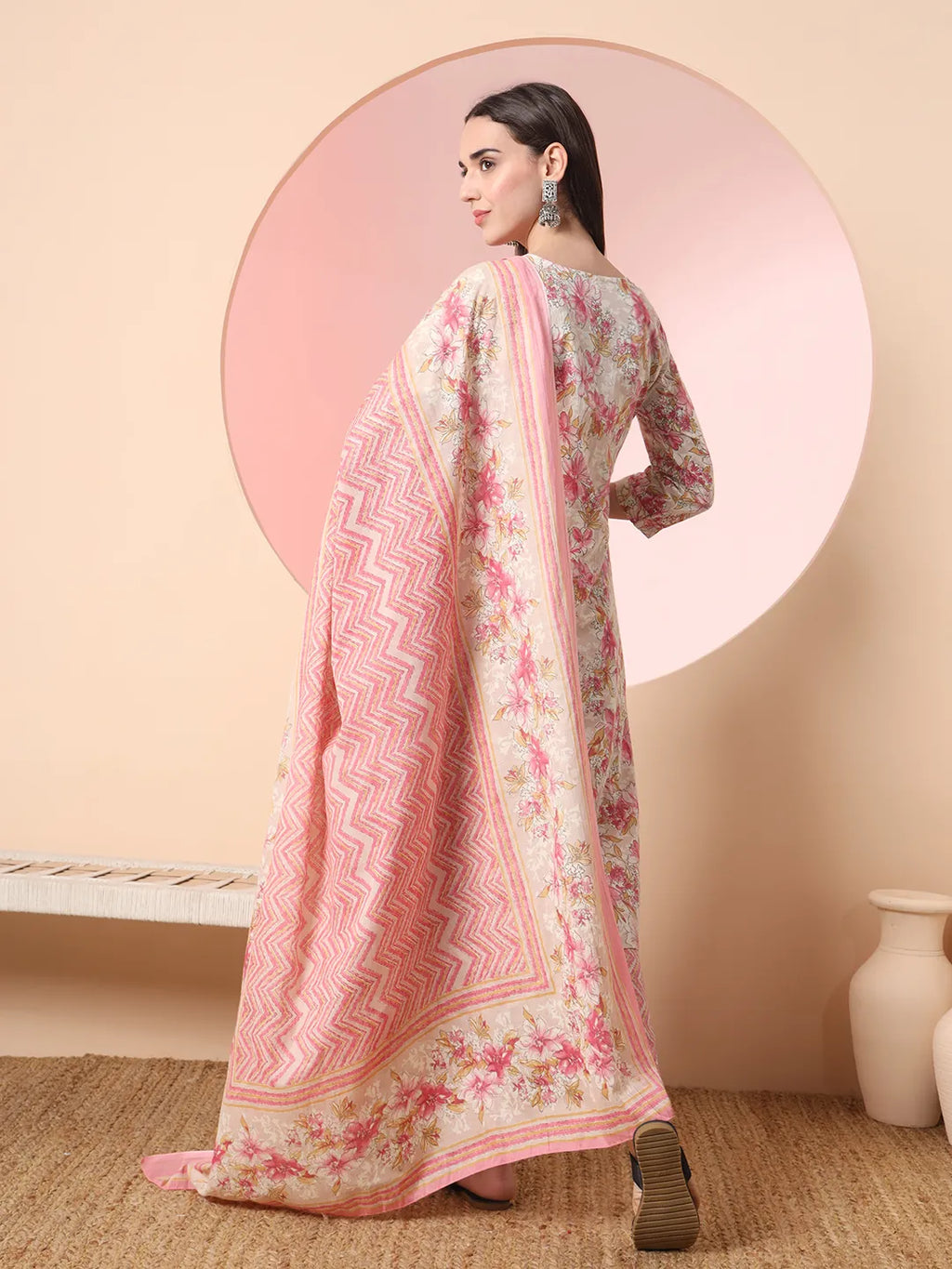 Yufta Cream And Peach Pure Cotton Yuck Design Kurta Dupatta Set With Pants