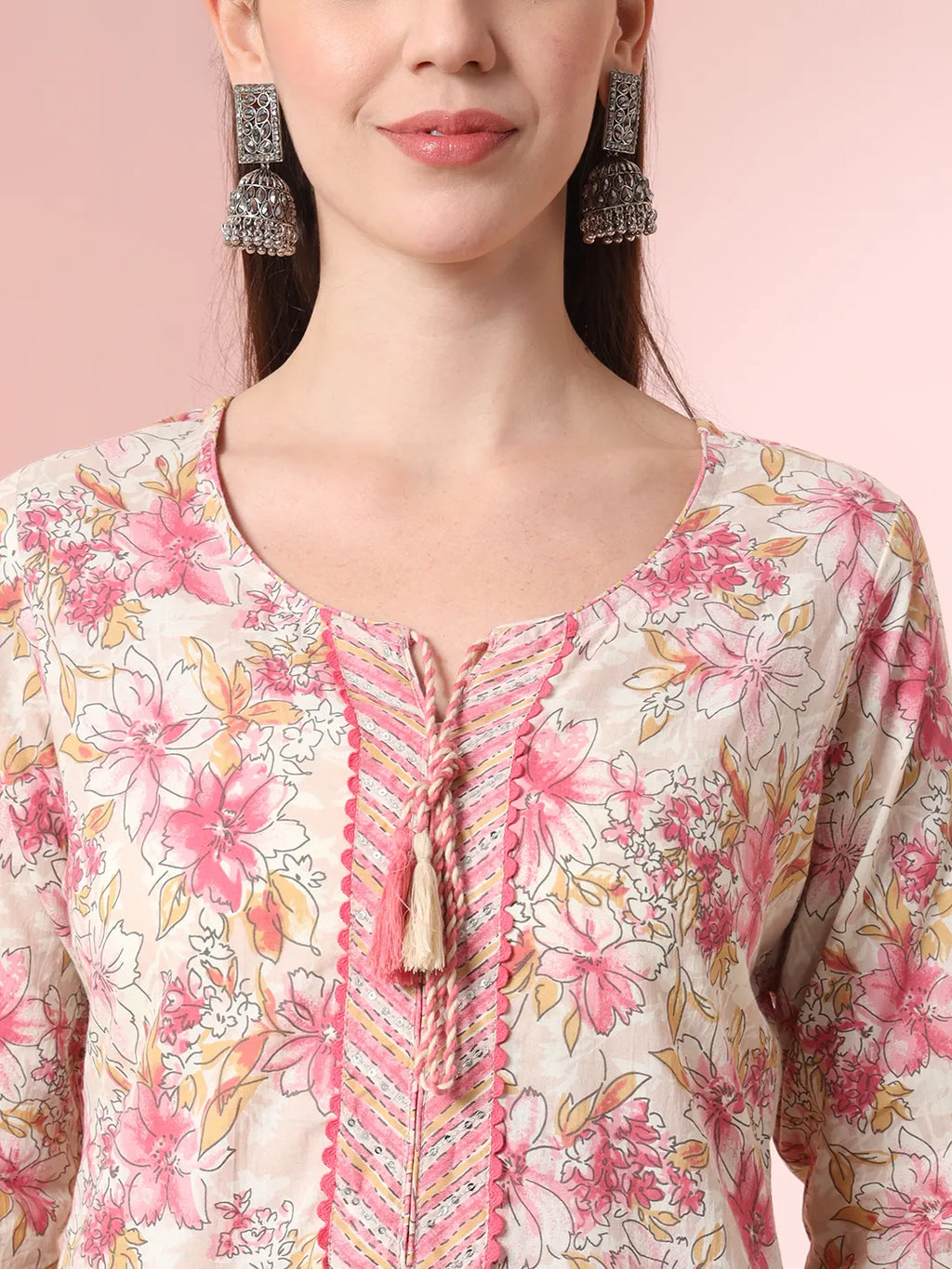 Yufta Cream And Peach Pure Cotton Yuck Design Kurta Dupatta Set With Pants