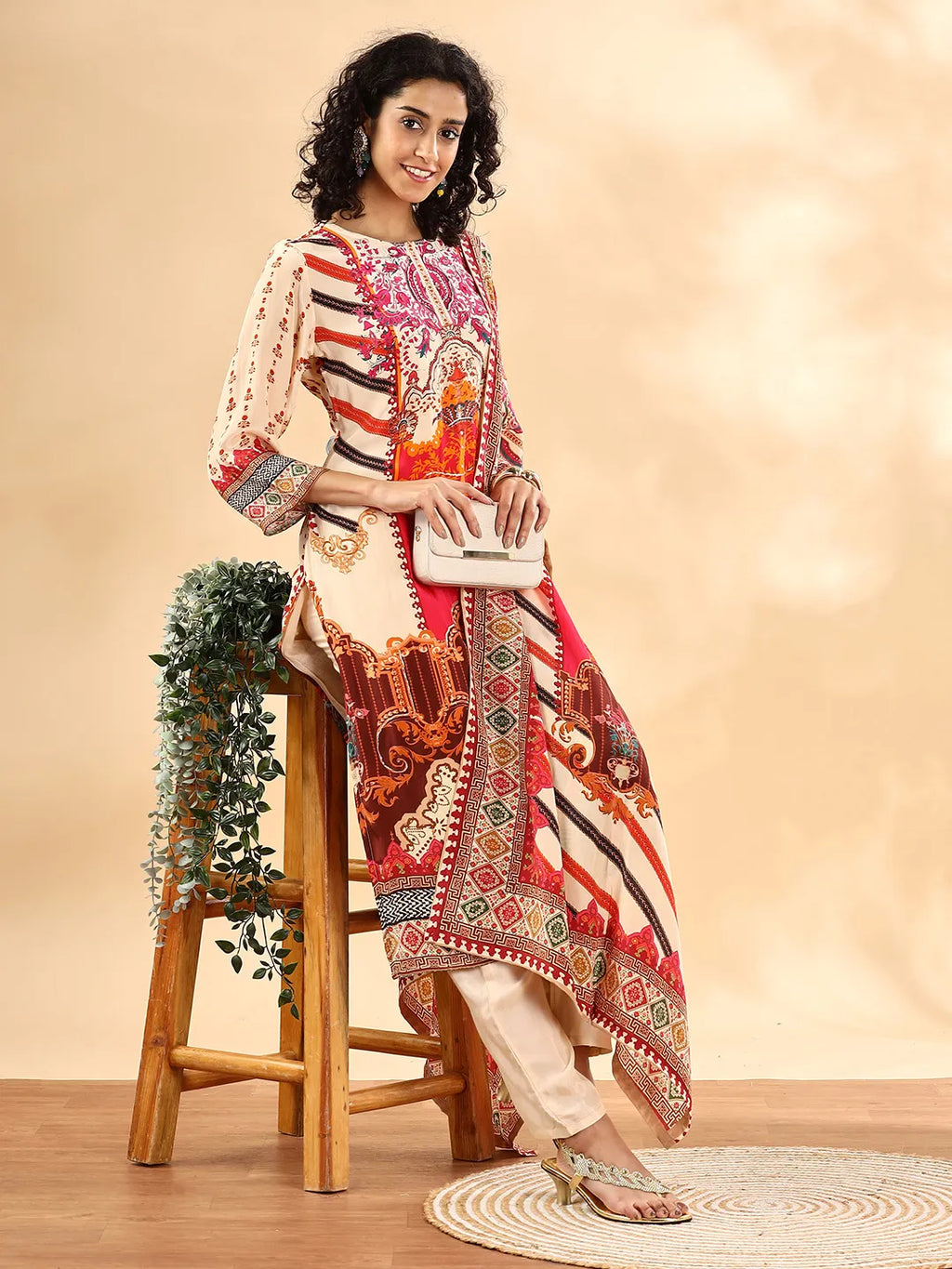 Yufta Cream And Pink Silk Crepe Sequins Work Straight Kurta Dupatta Pant Set