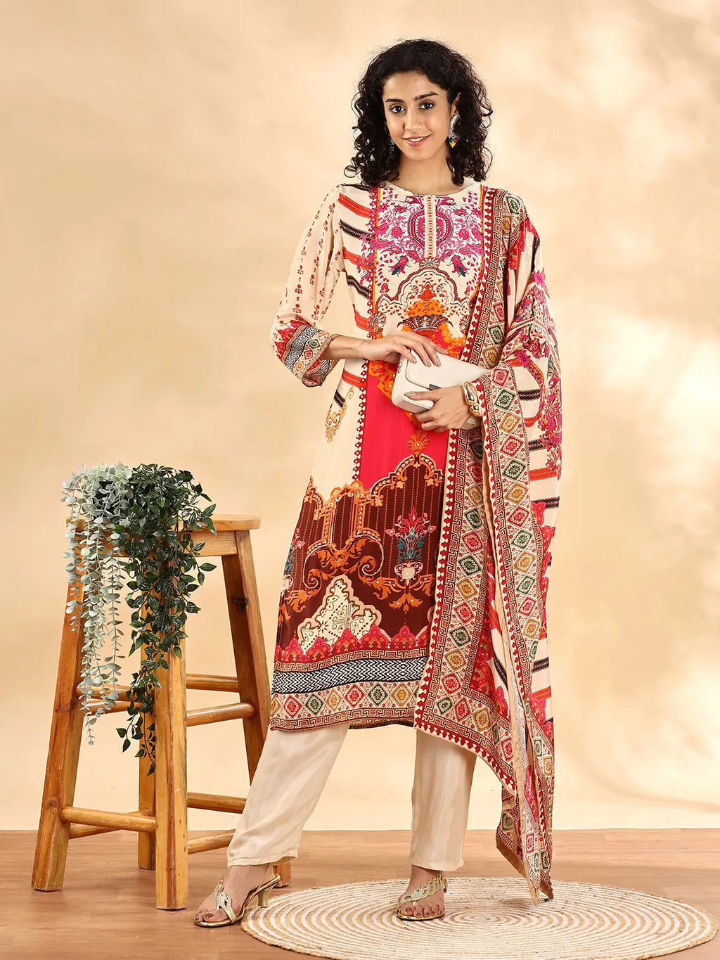 Yufta Cream And Pink Silk Crepe Sequins Work Straight Kurta Dupatta Pant Set