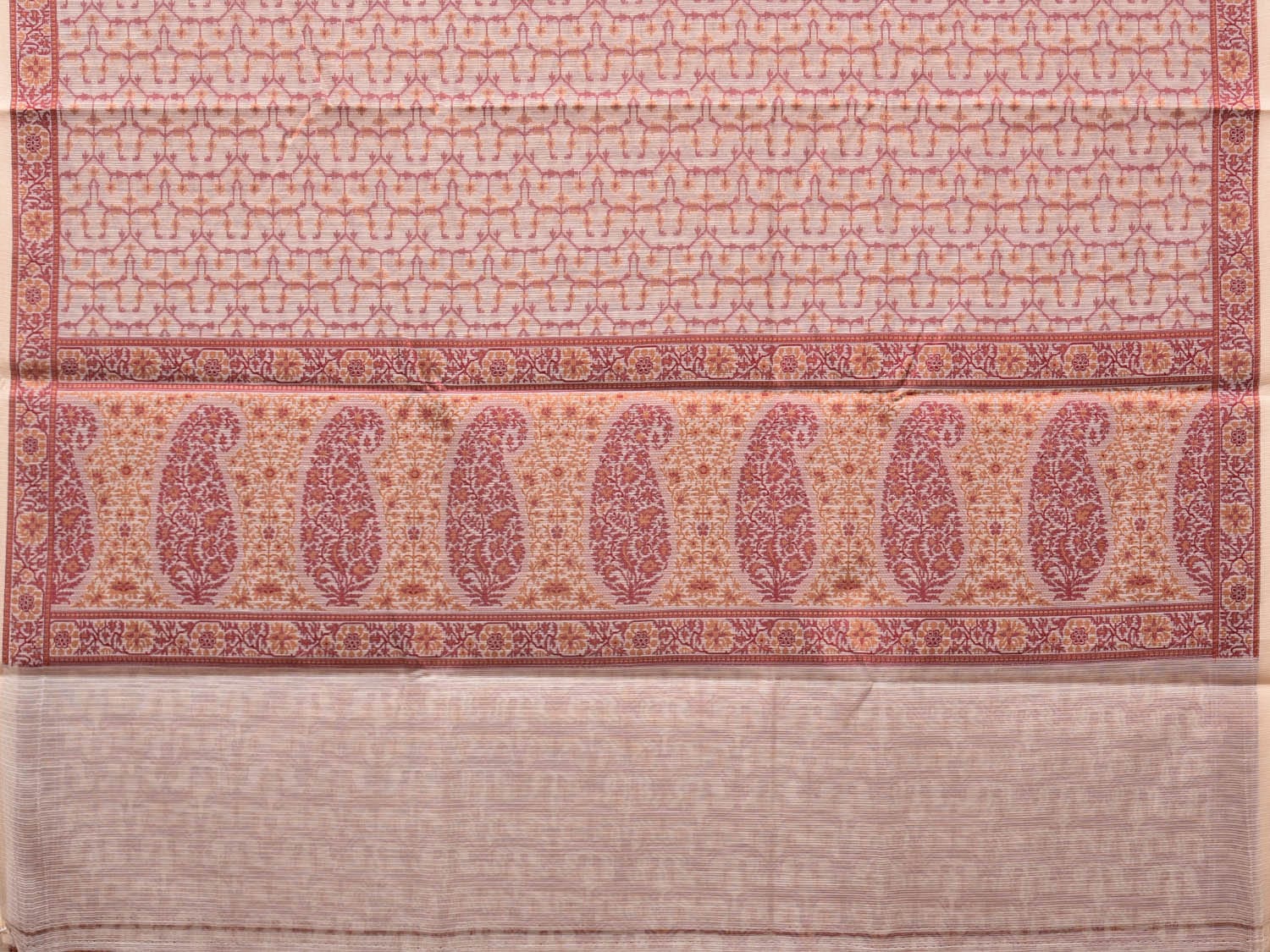 Cream and Red Cut Work Sico Cotton Saree with All Over and Border Design - Global Threads