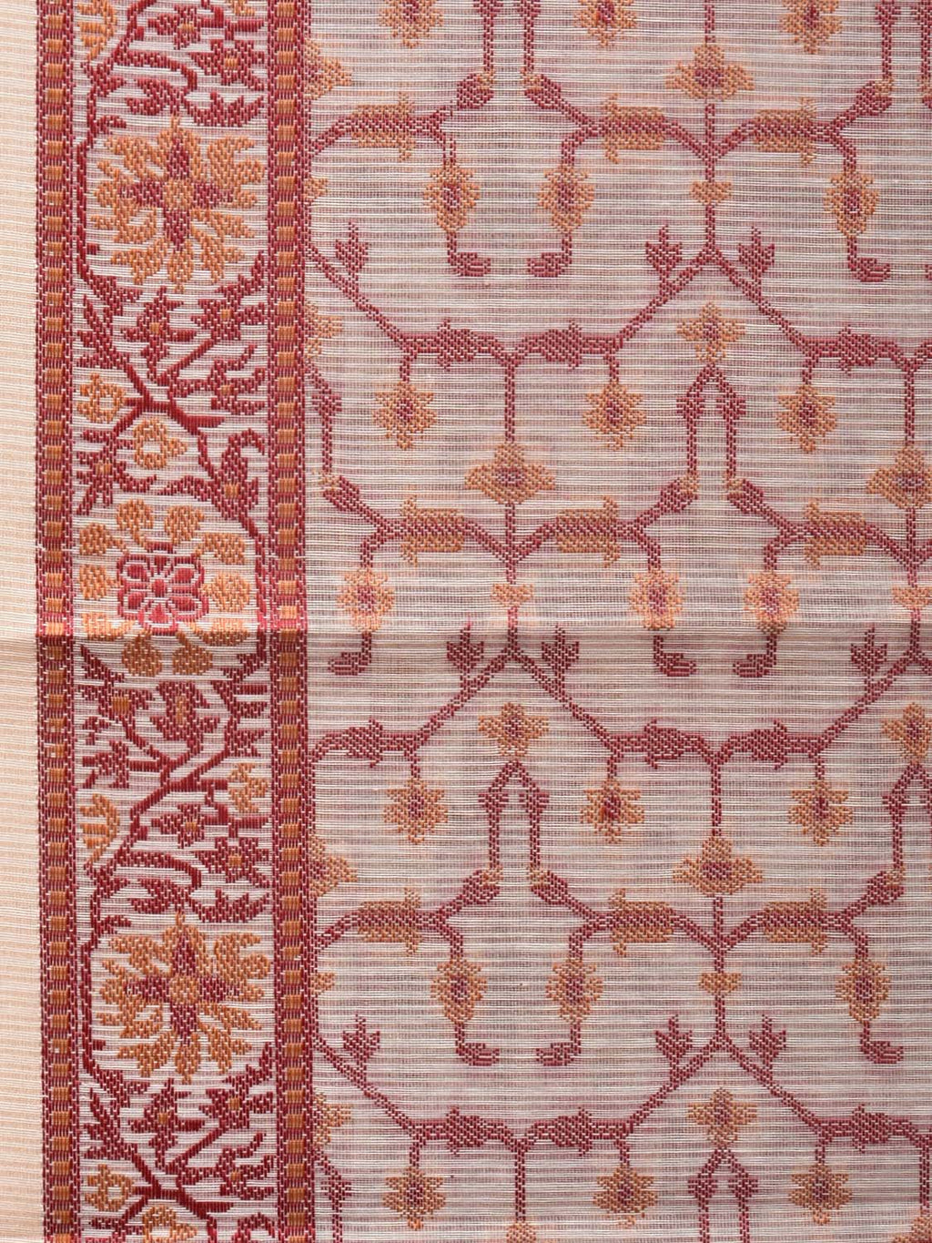 Cream and Red Cut Work Sico Cotton Saree with All Over and Border Design - Global Threads