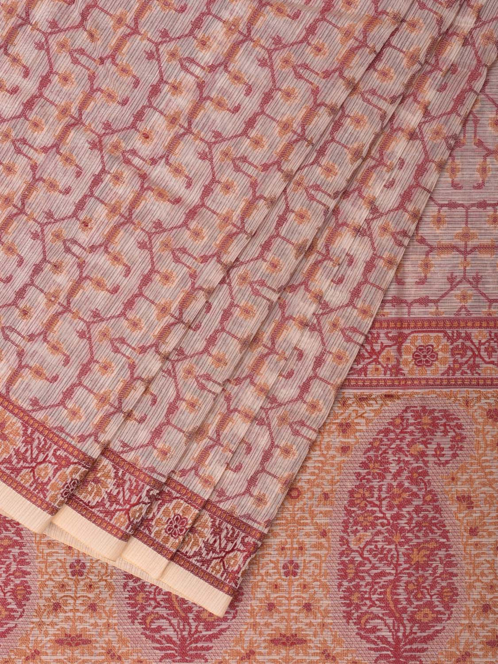 Cream and Red Cut Work Sico Cotton Saree with All Over and Border Design - Global Threads
