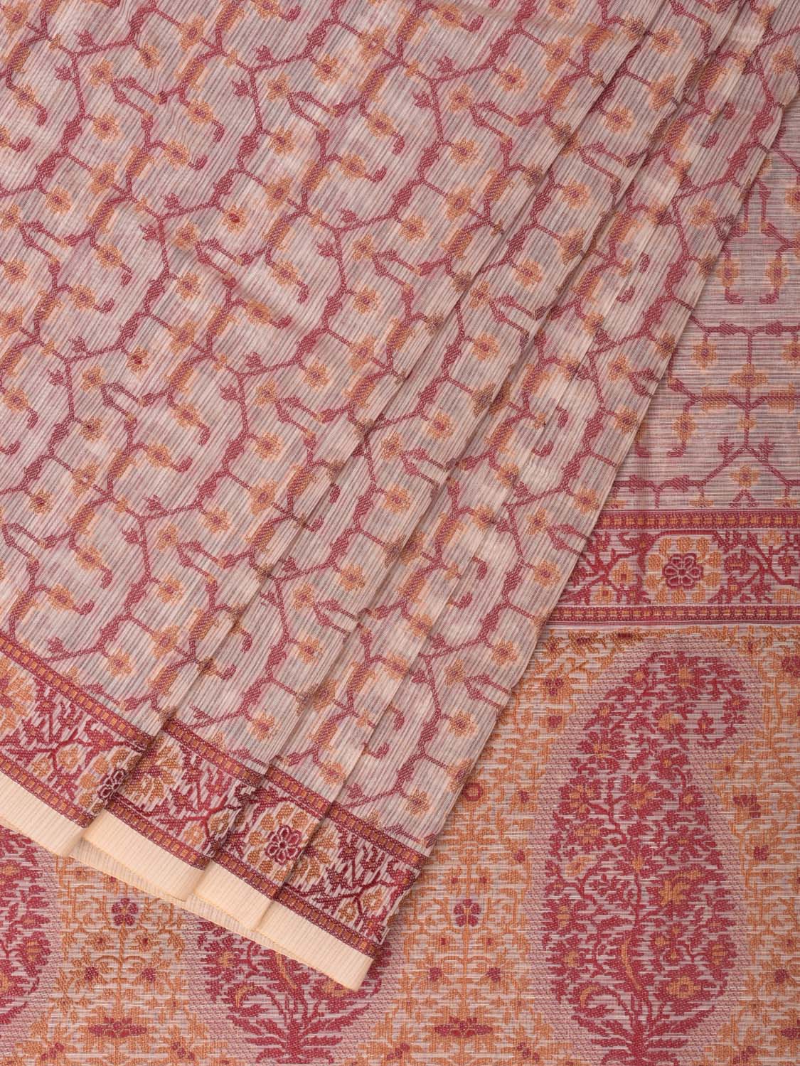 Cream and Red Cut Work Sico Cotton Saree with All Over and Border Design - Global Threads