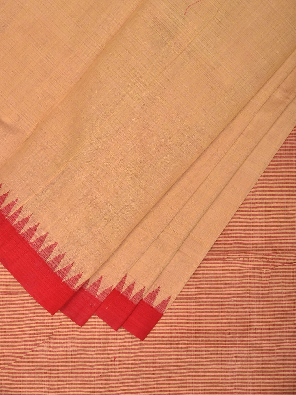 Cream and Red Khadi Cotton Handloom Saree Plain Saree with Strips Pallu Design - Global Threads