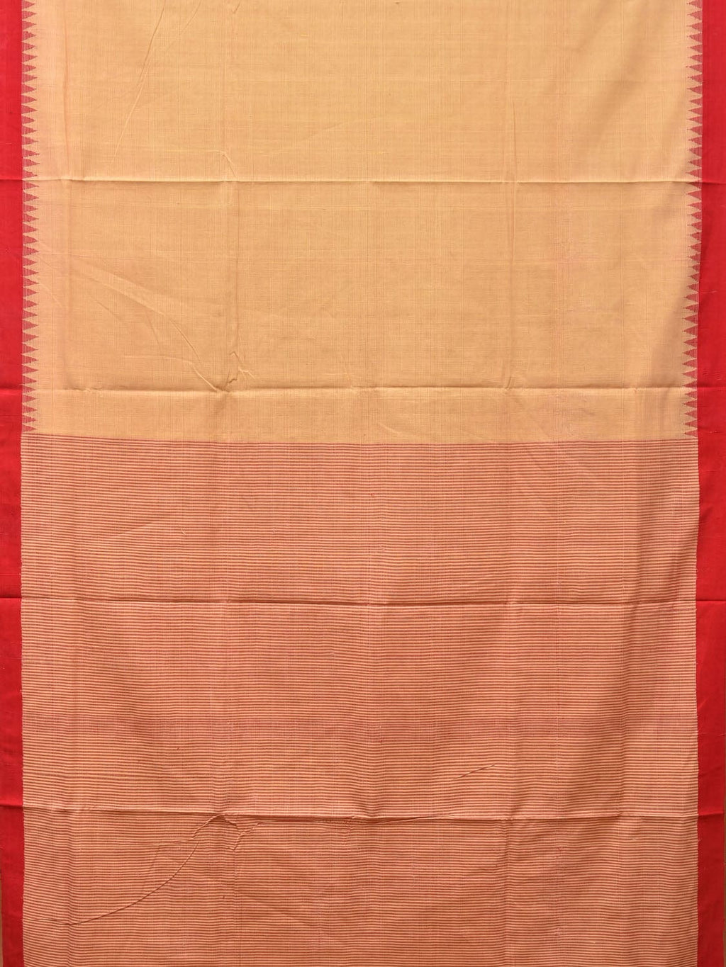 Cream and Red Khadi Cotton Handloom Saree Plain Saree with Strips Pallu Design - Global Threads