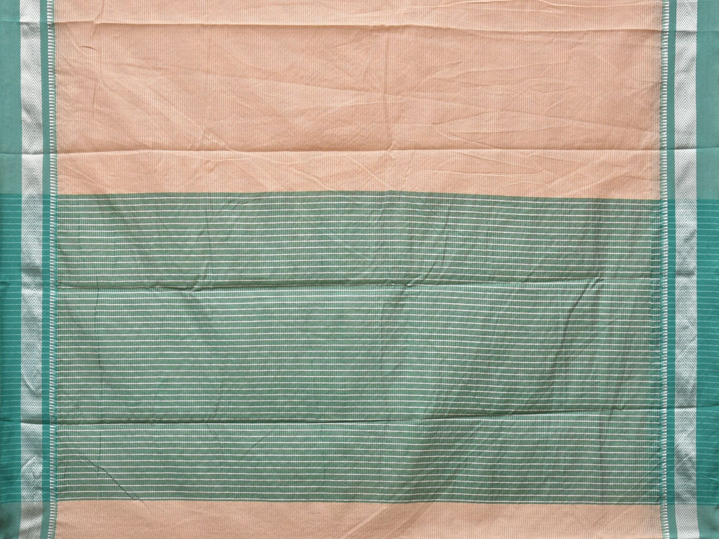 Cream and Turquoise Bamboo Cotton Saree with Strips Design No Blouse - Global Threads