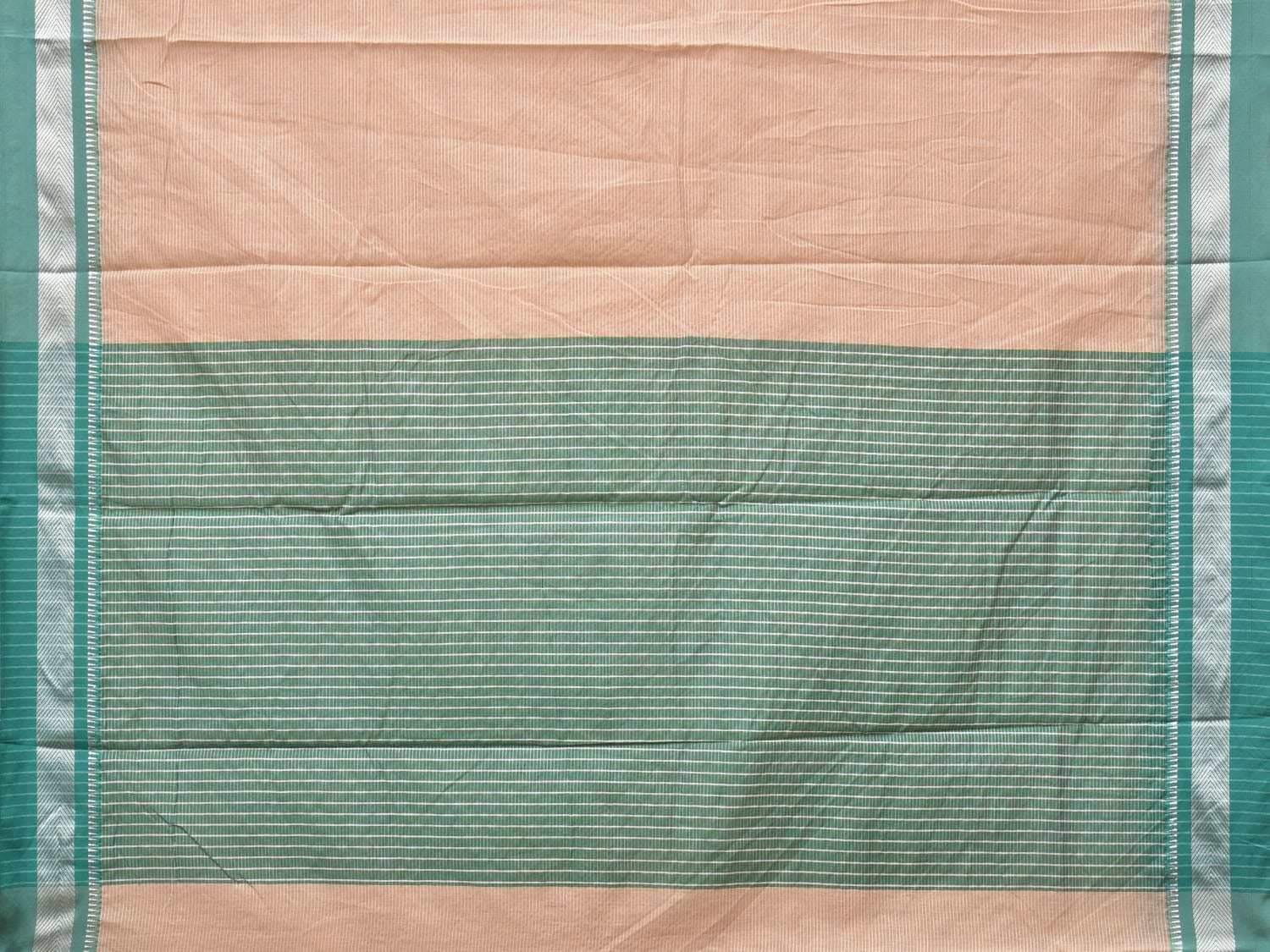 Cream and Turquoise Bamboo Cotton Saree with Strips Design No Blouse - Global Threads