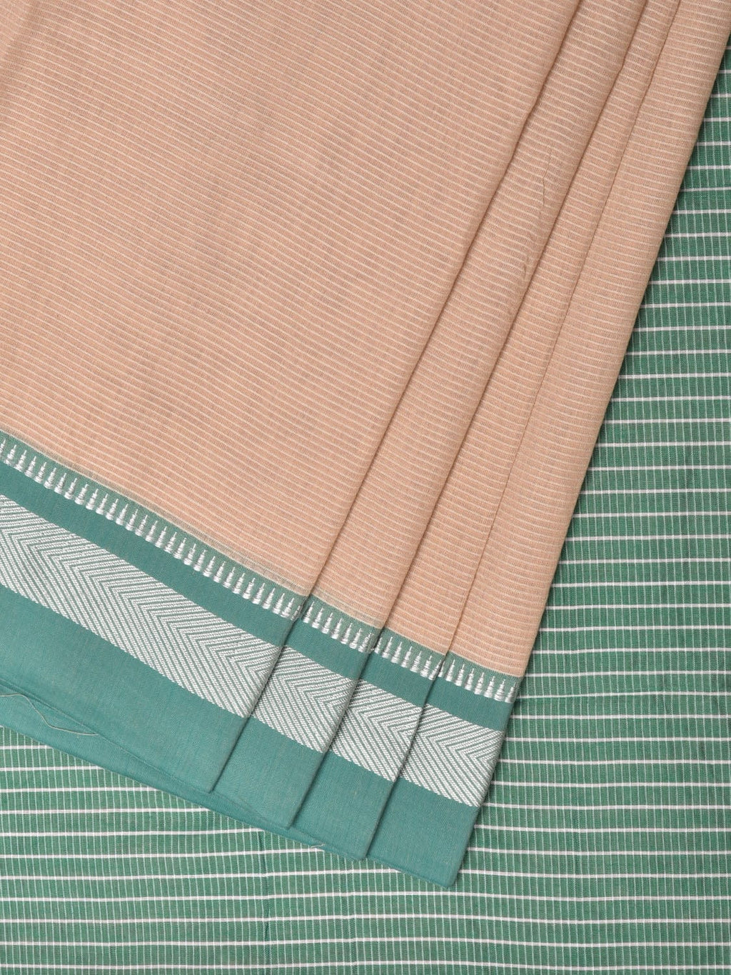 Cream and Turquoise Bamboo Cotton Saree with Strips Design No Blouse - Global Threads