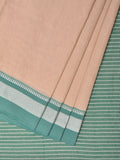 Cream and Turquoise Bamboo Cotton Saree with Strips Design No Blouse - Global Threads