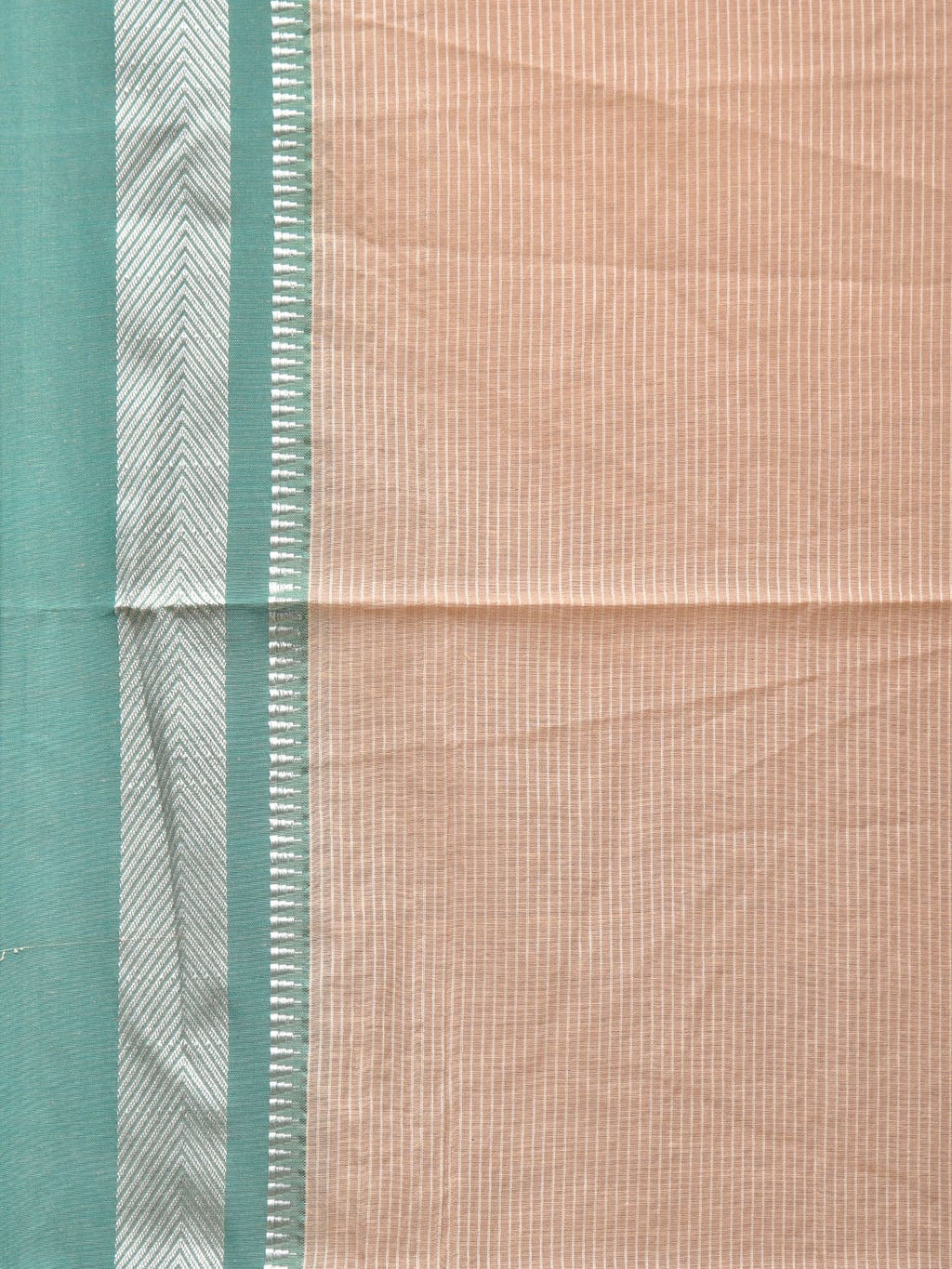 Cream and Turquoise Bamboo Cotton Saree with Strips Design No Blouse - Global Threads