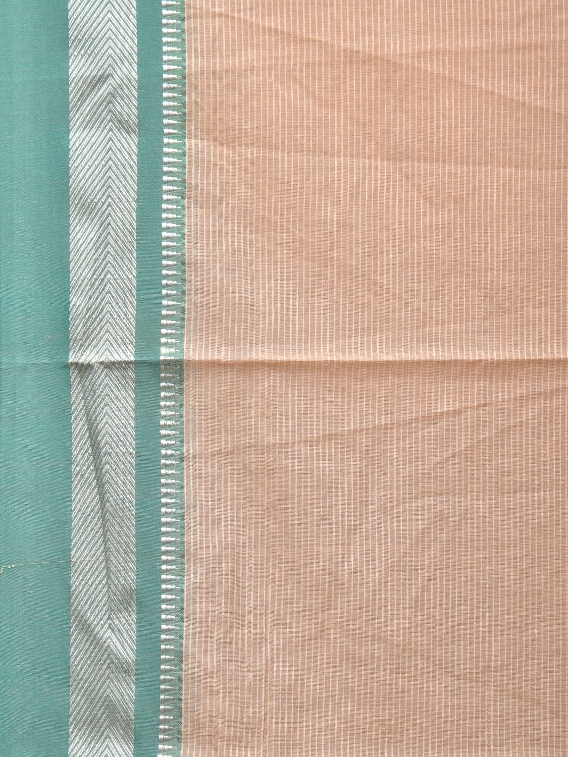 Cream and Turquoise Bamboo Cotton Saree with Strips Design No Blouse - Global Threads