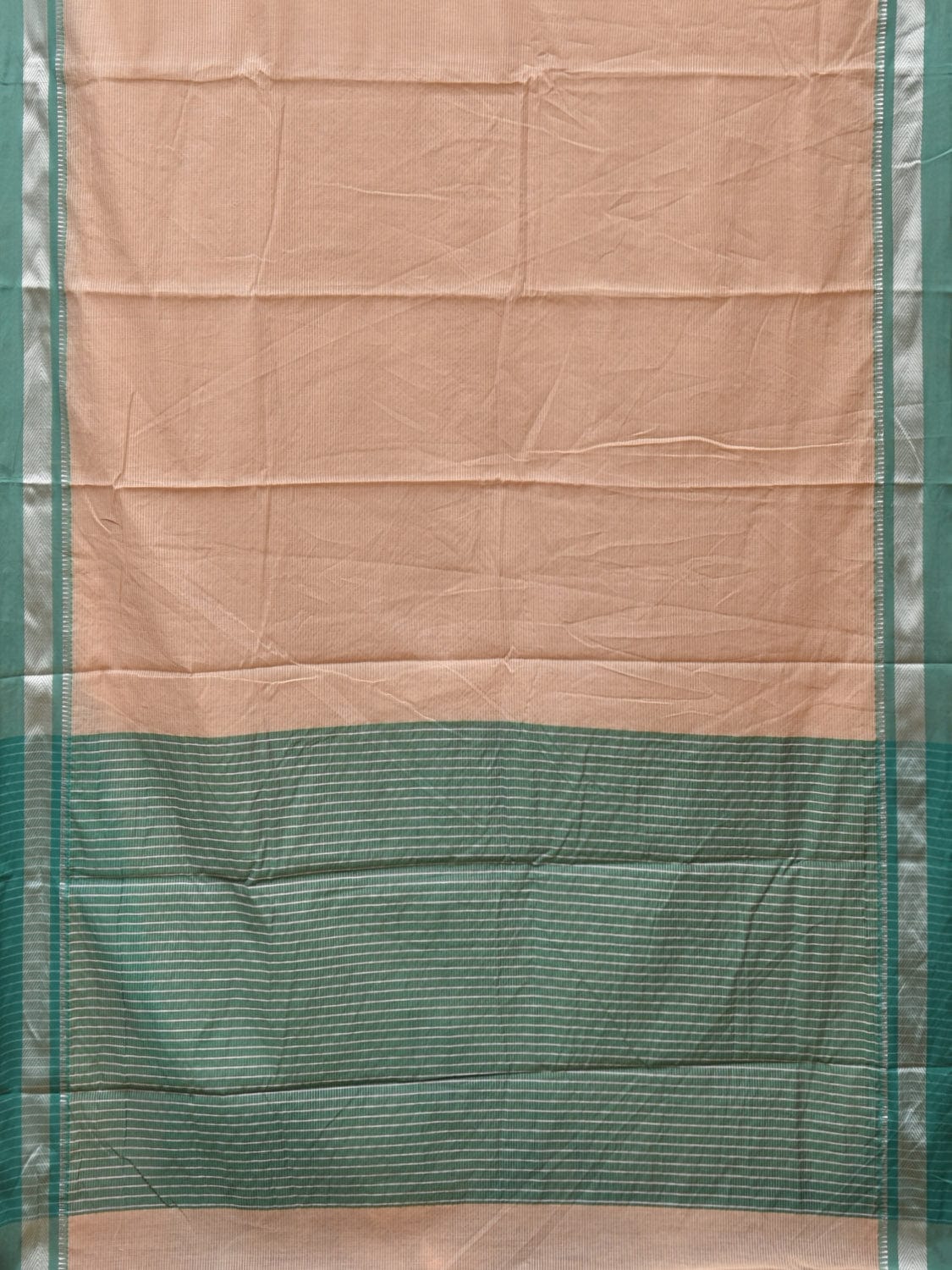 Cream and Turquoise Bamboo Cotton Saree with Strips Design No Blouse - Global Threads