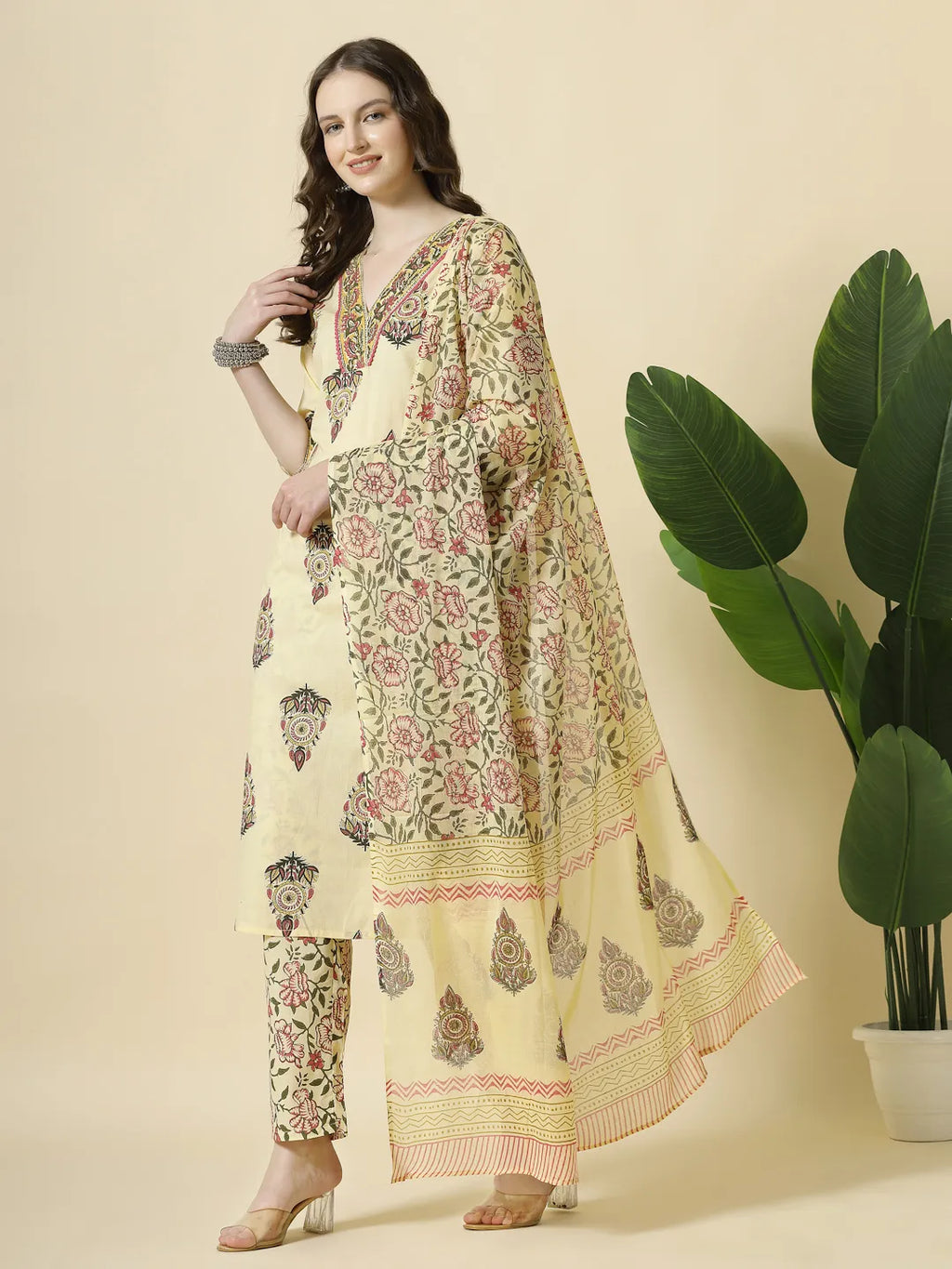 Yufta Cream Cotton Cutdana Work Kurta Set With Pant & Dupatta