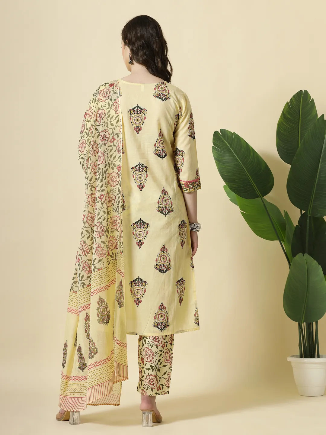 Yufta Cream Cotton Cutdana Work Kurta Set With Pant & Dupatta