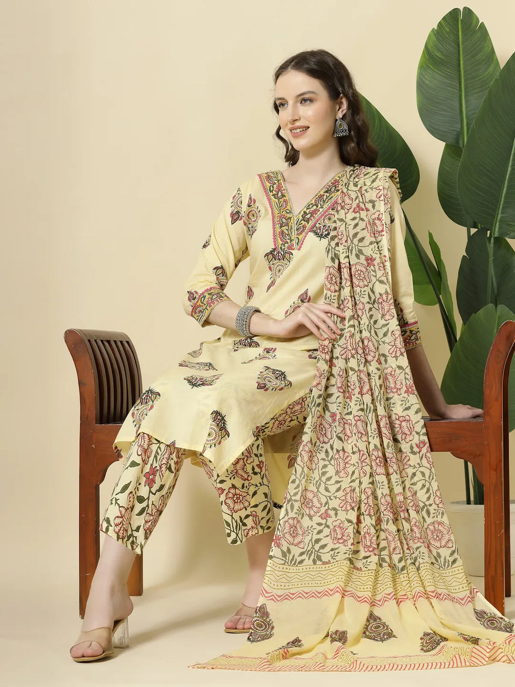 Yufta Cream Cotton Cutdana Work Kurta Set With Pant & Dupatta