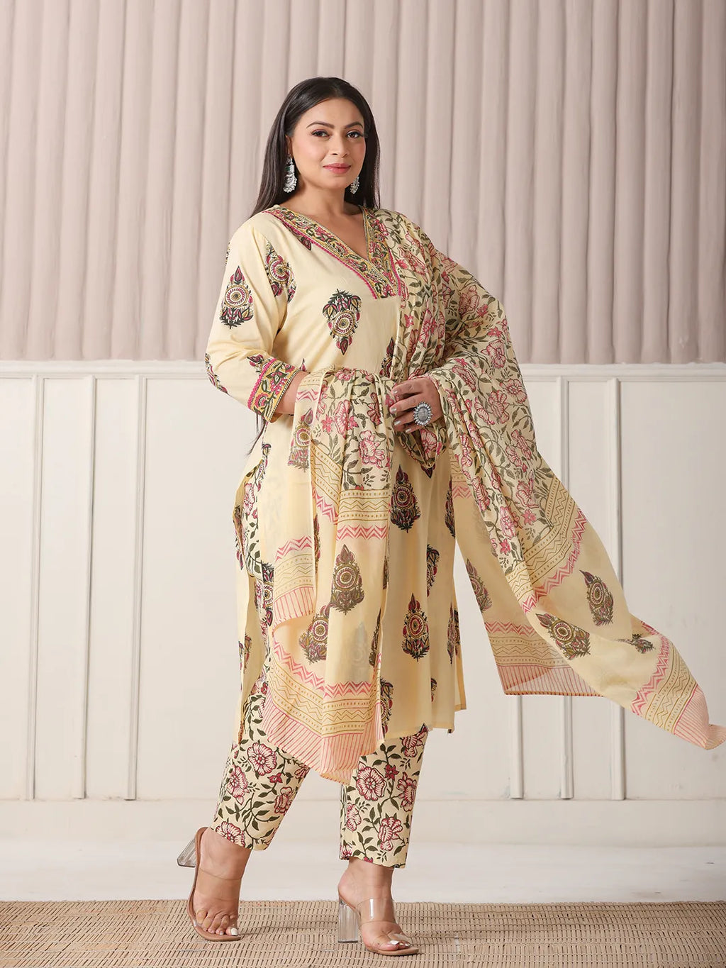 Yufta Cream Cotton Cutdana Work Plus Size Kurta Set With Pant & Dupatta