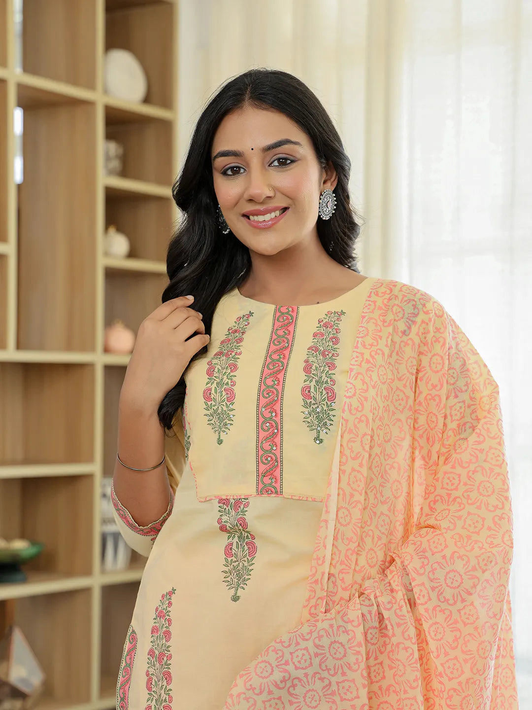 Yufta Cream Cotton Straight Ethnic Motifs Kurta Dupatta Set