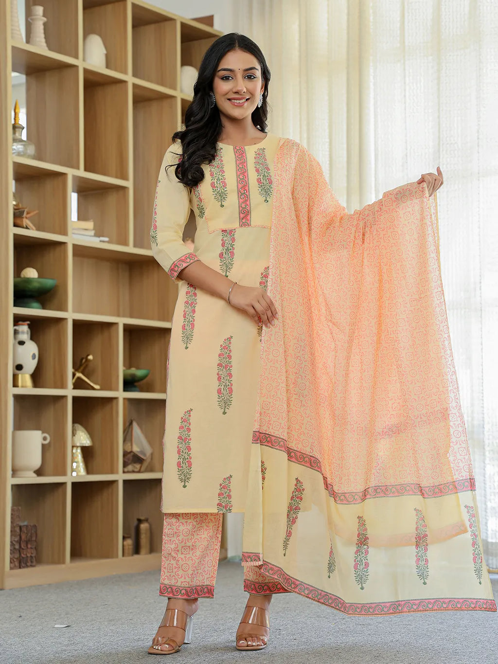 Yufta Cream Cotton Straight Ethnic Motifs Kurta Dupatta Set