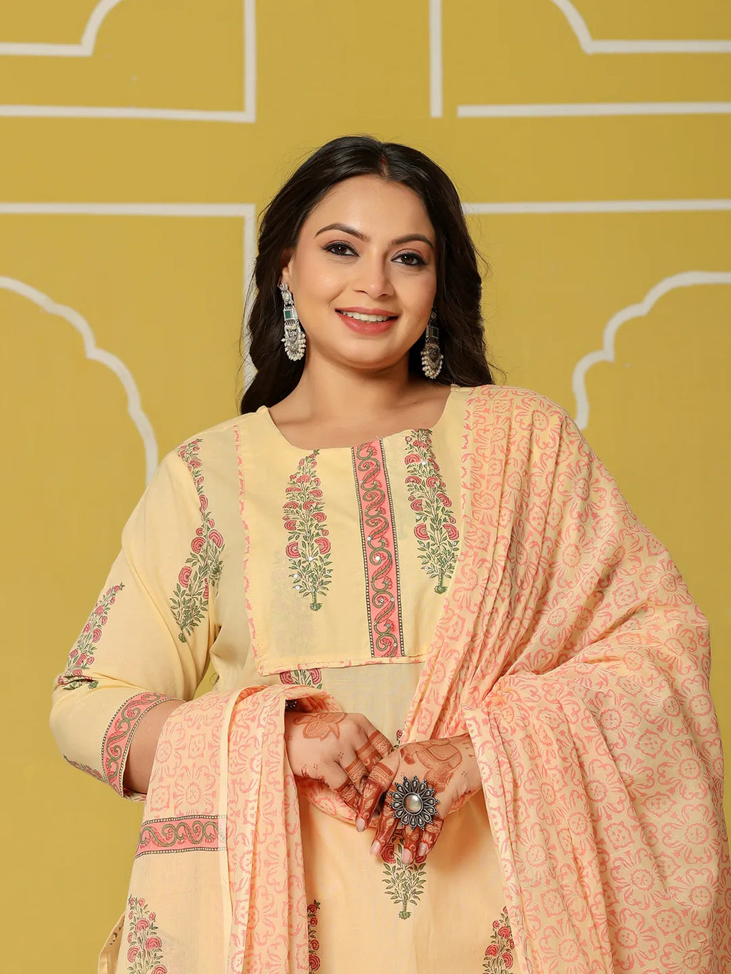 Yufta Cream Cotton Straight Plus Size Kurta Set