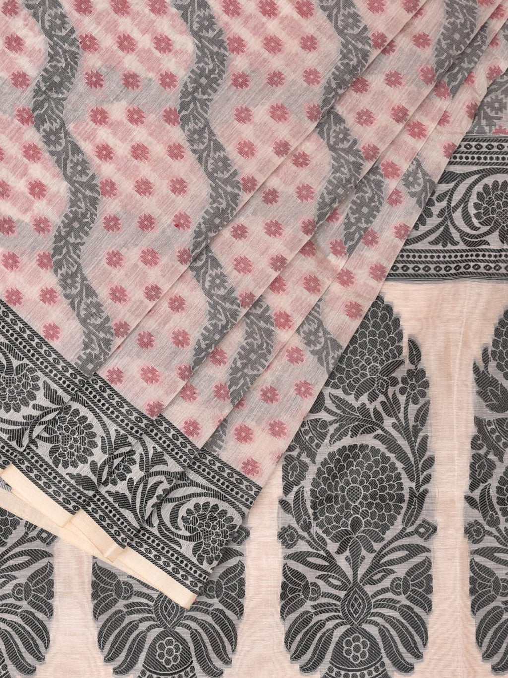 Cream Cut Work Sico Cotton Saree with All Over Diagonal and Border Design - Global Threads