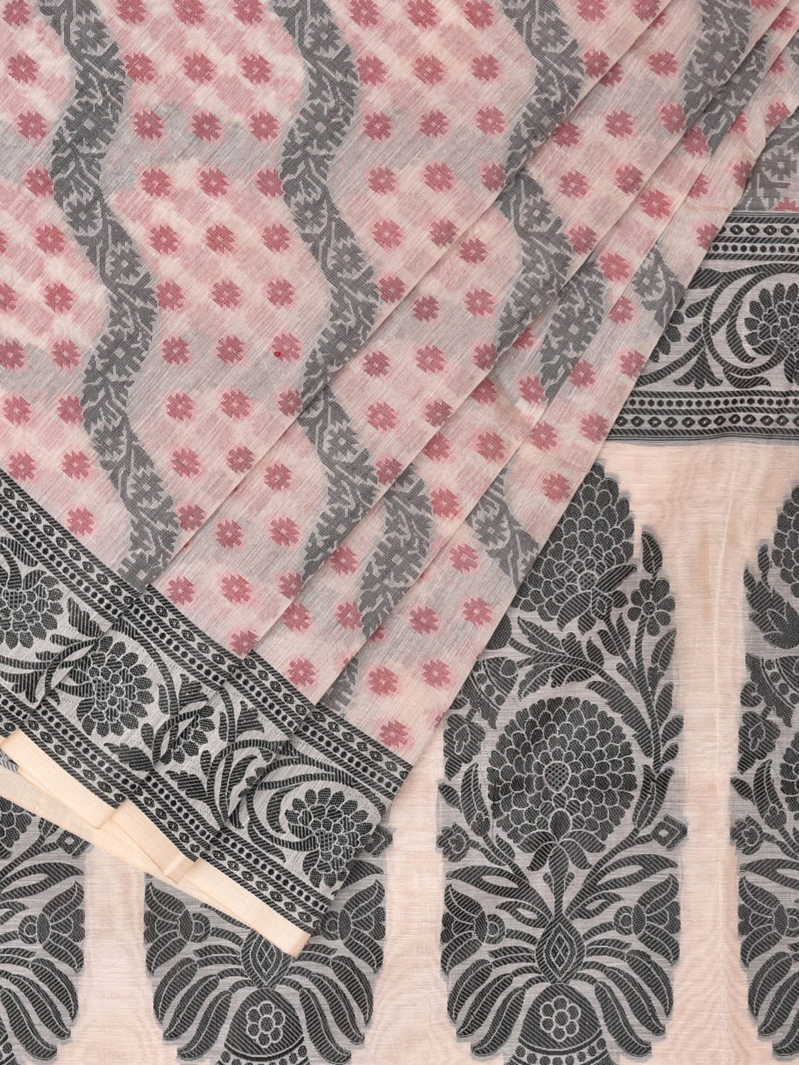 Cream Cut Work Sico Cotton Saree with All Over Diagonal and Border Design - Global Threads