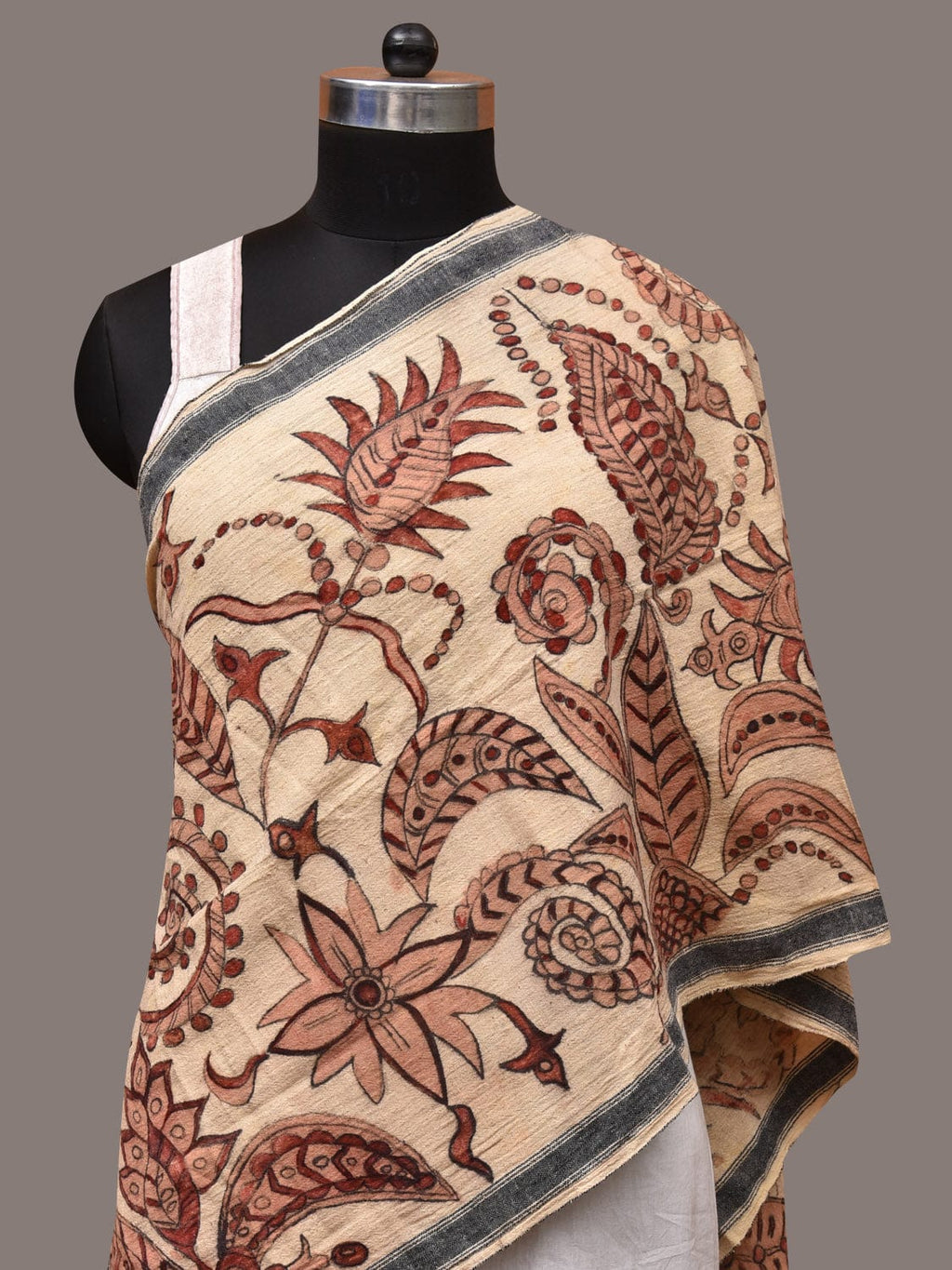 Cream Kalamkari Hand Painted Cotton Bhujodi Handloom Stole with Floral Design - Global Threads