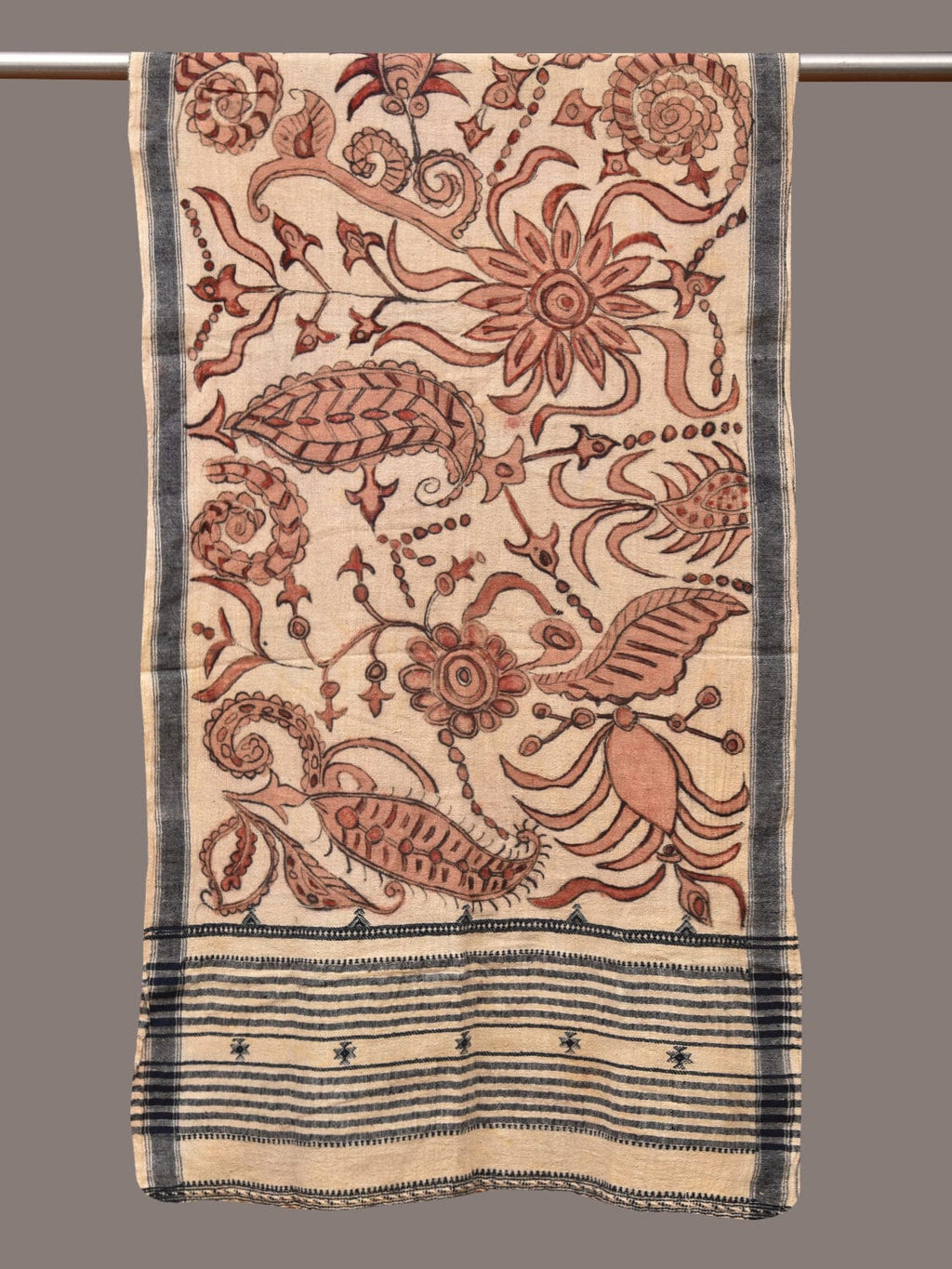Cream Kalamkari Hand Painted Cotton Bhujodi Handloom Stole with Floral Design - Global Threads