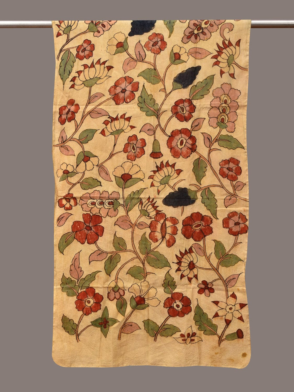 Cream Kalamkari Hand Painted Sico Stole with Floral Design - Global Threads