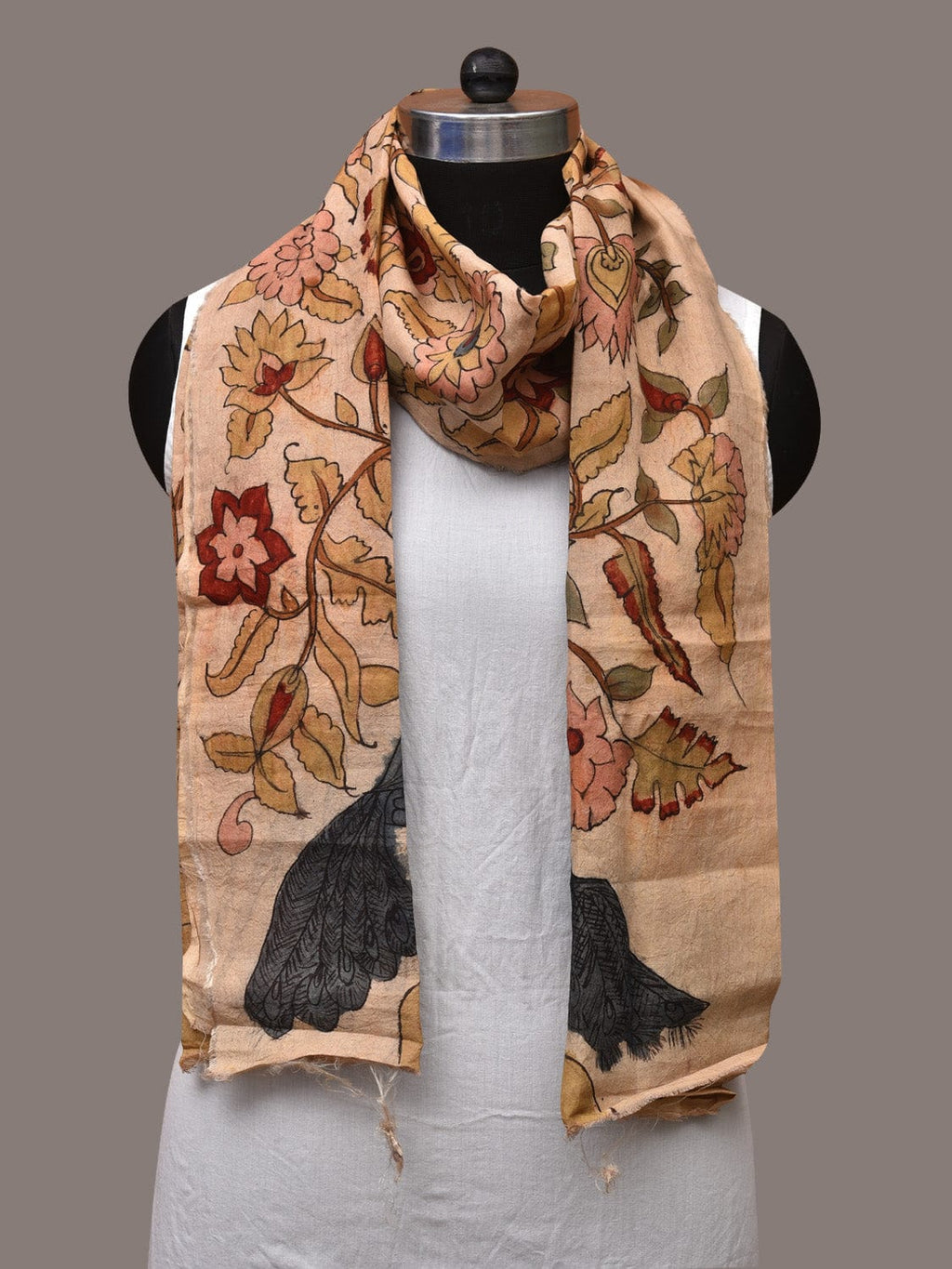Cream Kalamkari Hand Painted Sico Stole with Tree of Life Design - Global Threads