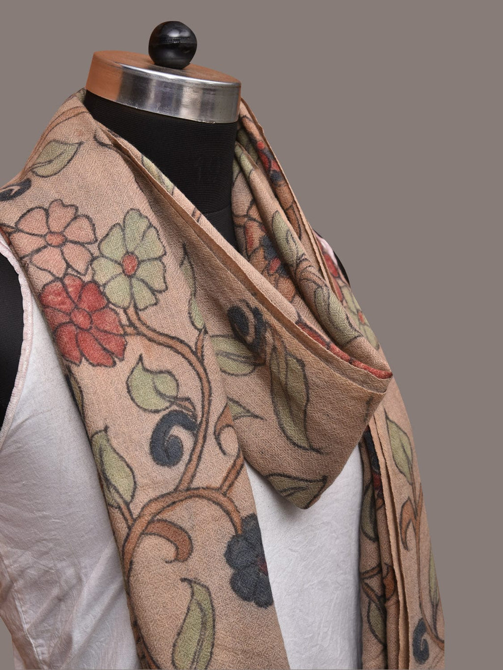 Cream Kalamkari Hand Painted Woolen Handloom Stole with Floral Design - Global Threads