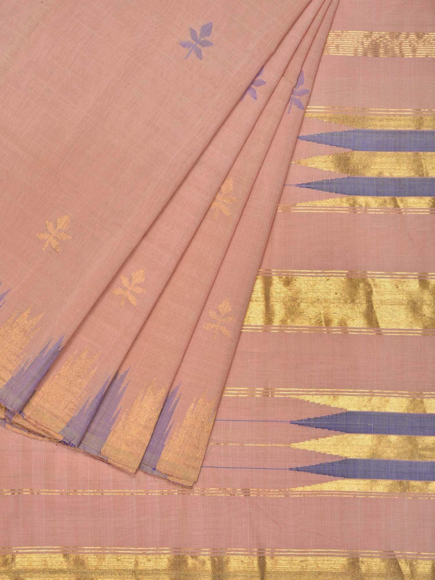 Cream Khadi Cotton Handloom Saree with Jamdani Buta and Temple Border Design - Global Threads