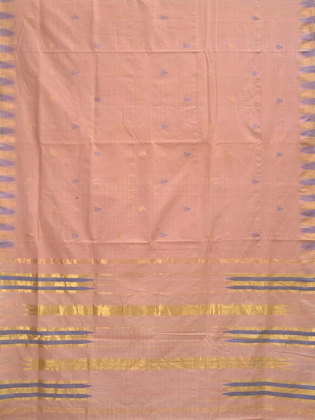 Cream Khadi Cotton Handloom Saree with Jamdani Buta and Temple Border Design - Global Threads