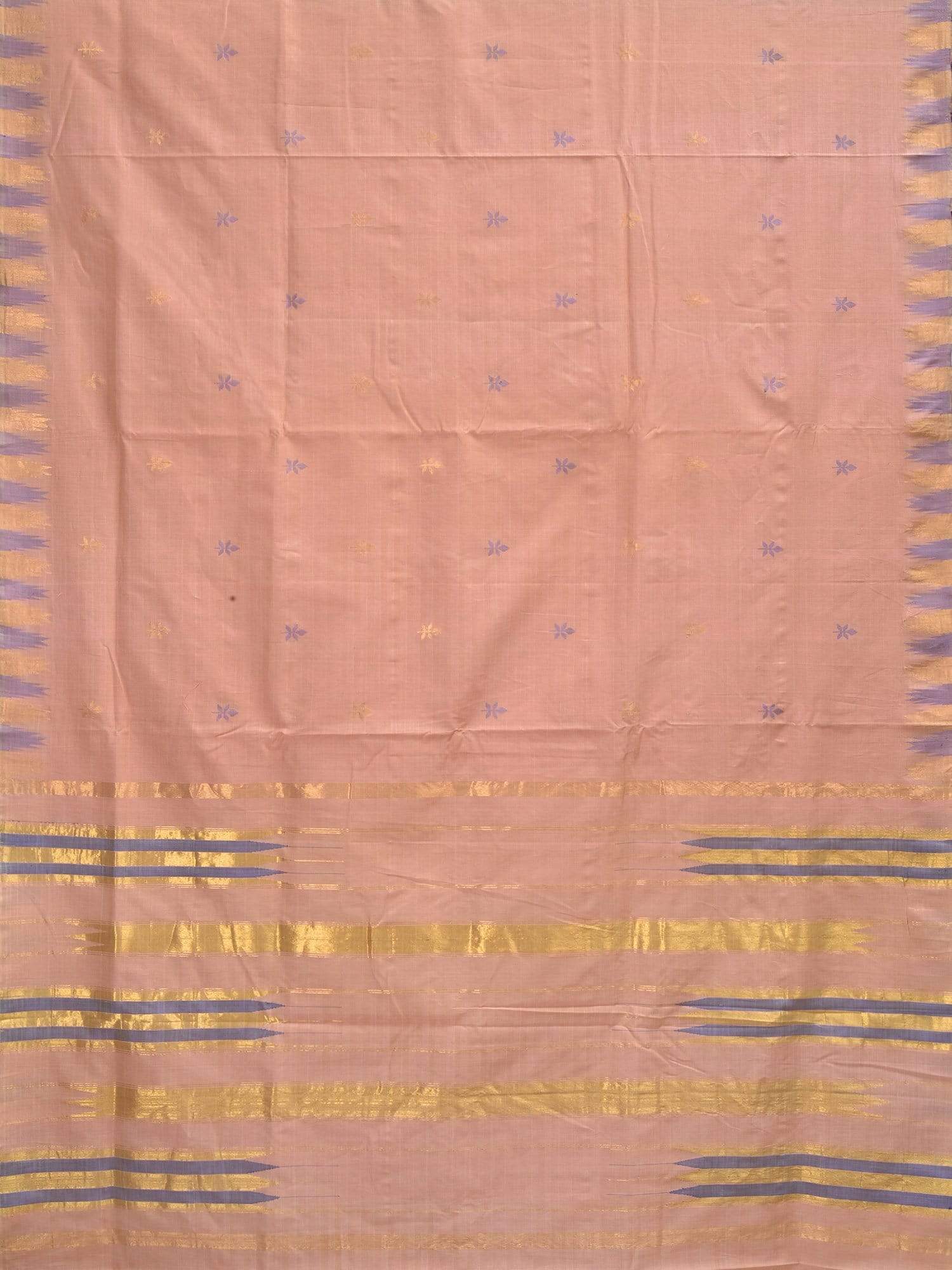 Cream Khadi Cotton Handloom Saree with Jamdani Buta and Temple Border Design - Global Threads