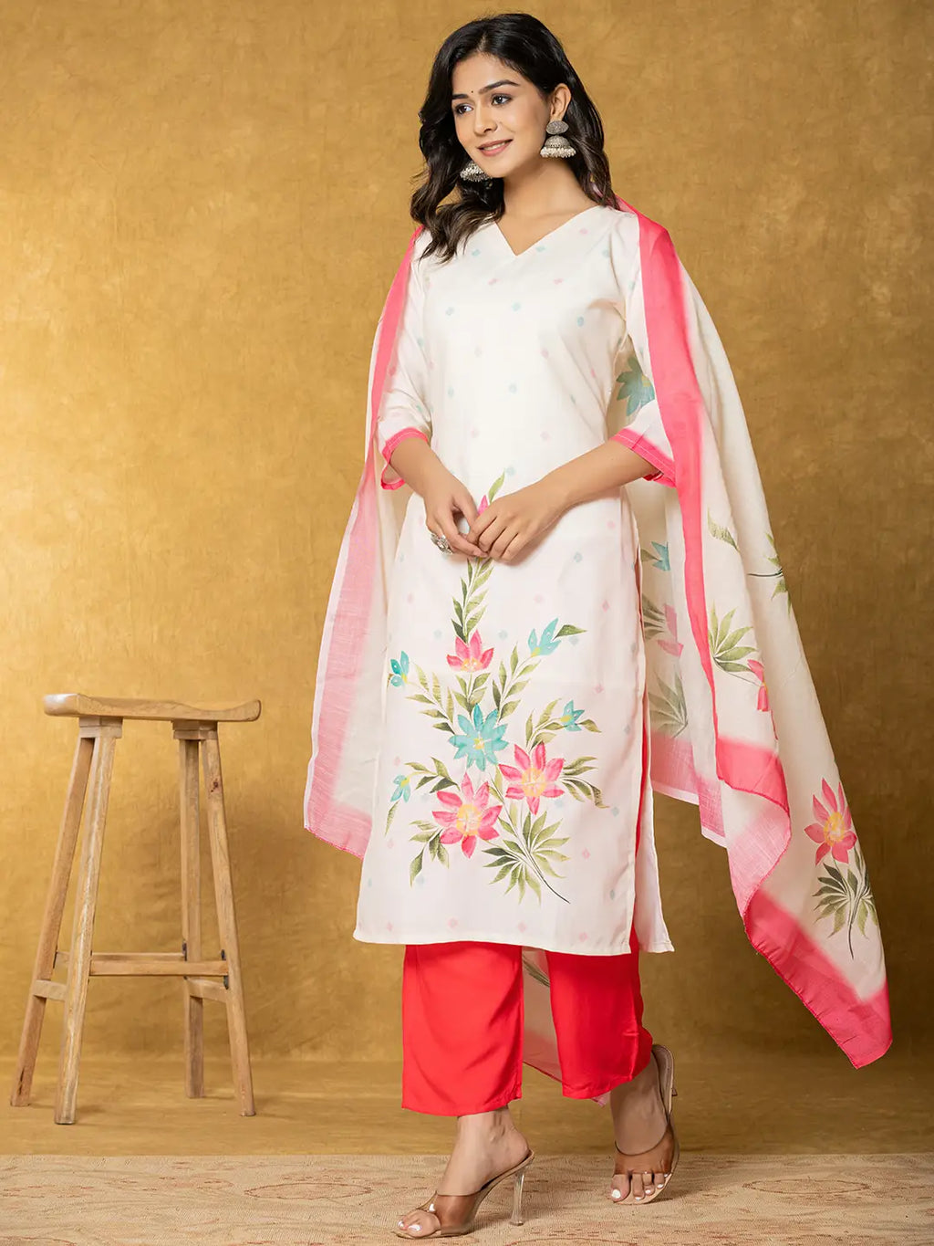 Yufta Cream Linen Floral Kurta Dupatta Pant Set