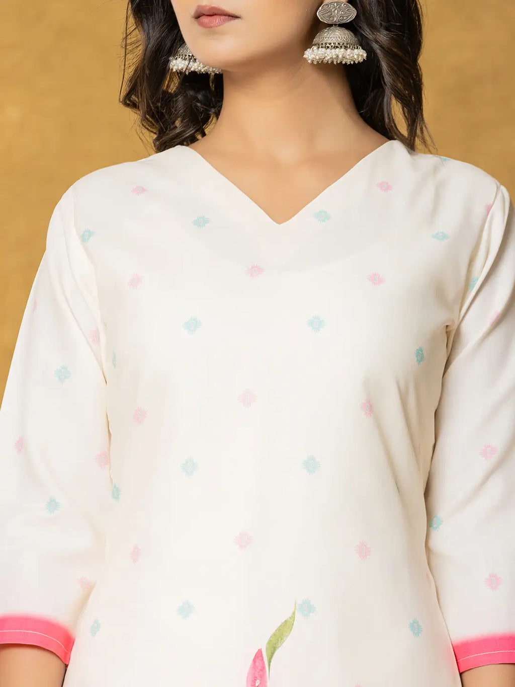 Yufta Cream Linen Floral Kurta Dupatta Pant Set